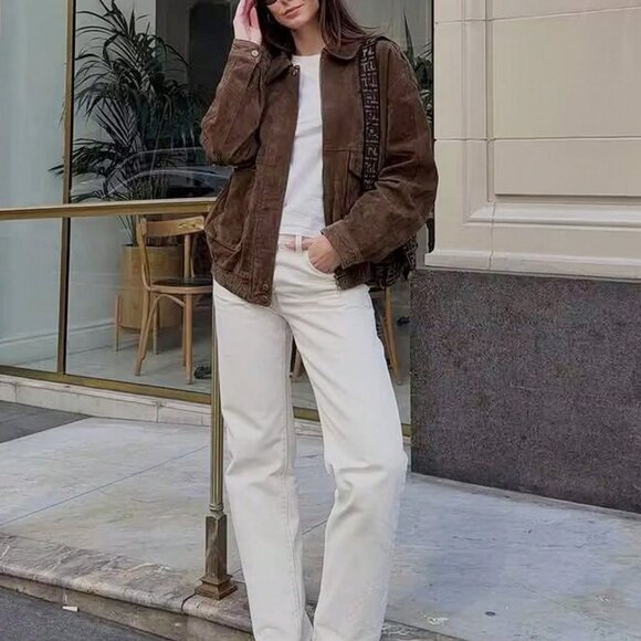 Brown Casual Women's Zip  upfaux Suede Bomber Jacket Coat - Picture 8 of 8